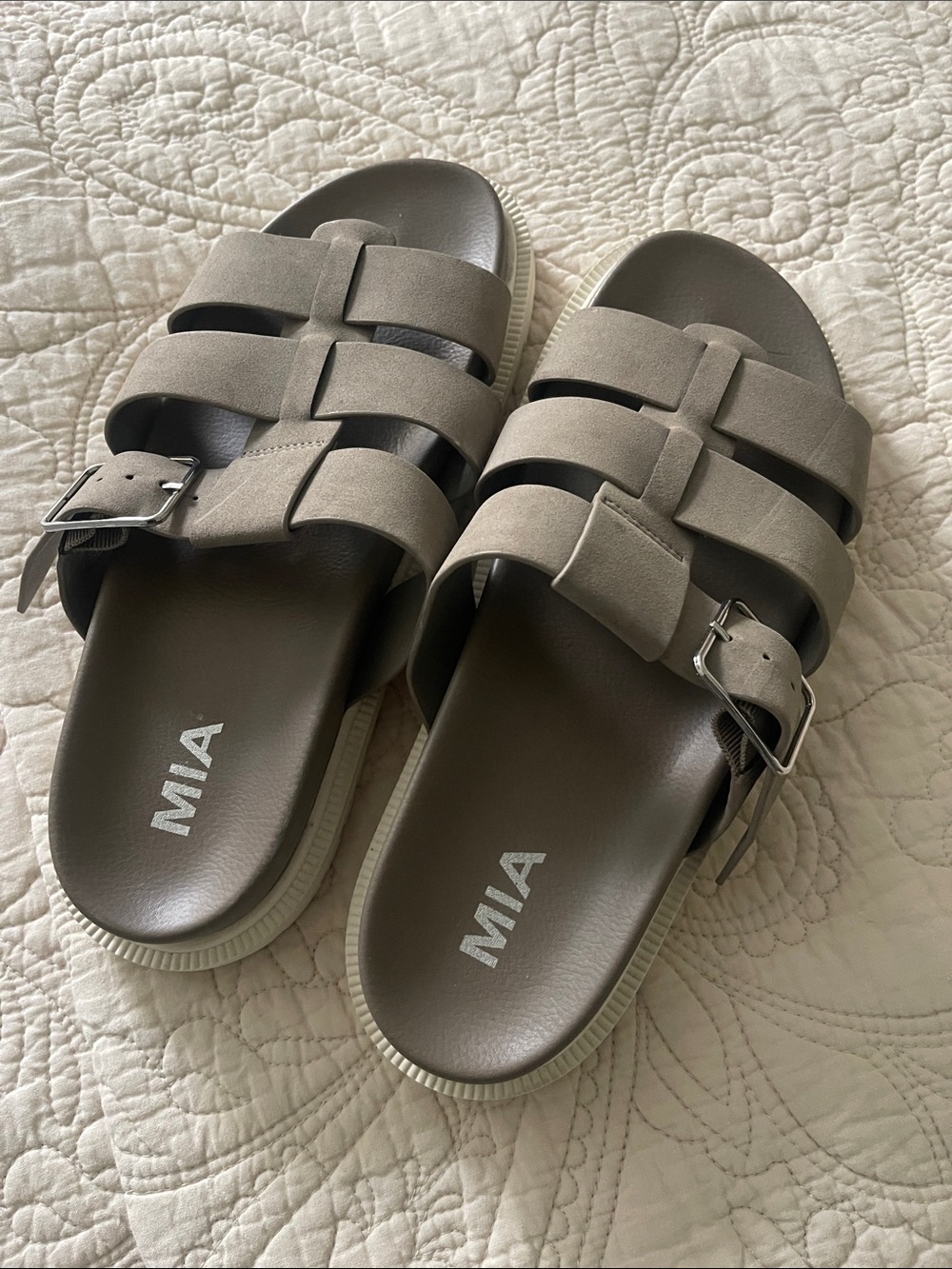 MIA Taupe Dual-Buckle Slide Sandals leather